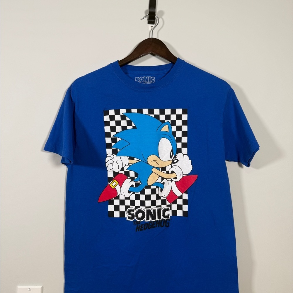 Sonic The Hedgehog T-Shirt Men's Medium Blue Sega Checkered Graphic 100% Cotton